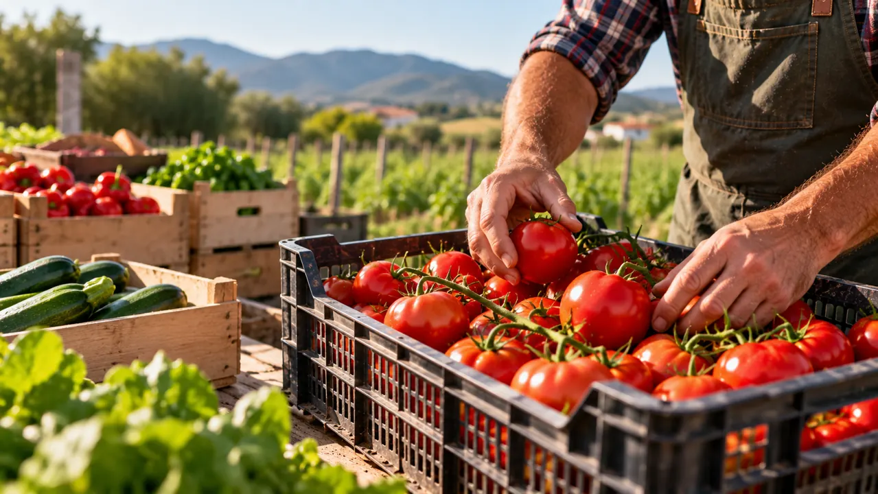 Campelia Cosecha de tomates al atardecer